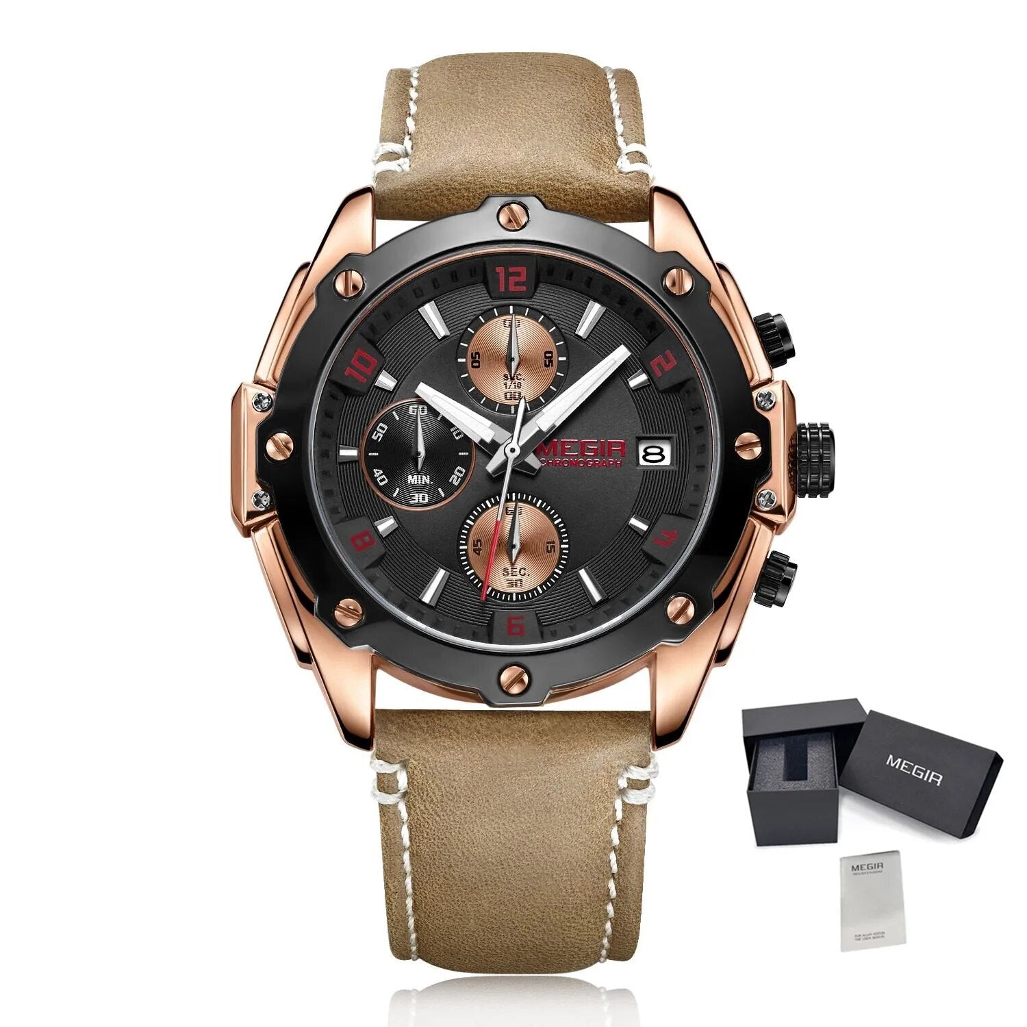 MEGIR Chronograph Men Business Watch Leather Strap Quartz Military Watch Clock Waterproof Date Clock Wristwatch Relogio Masculino 2074