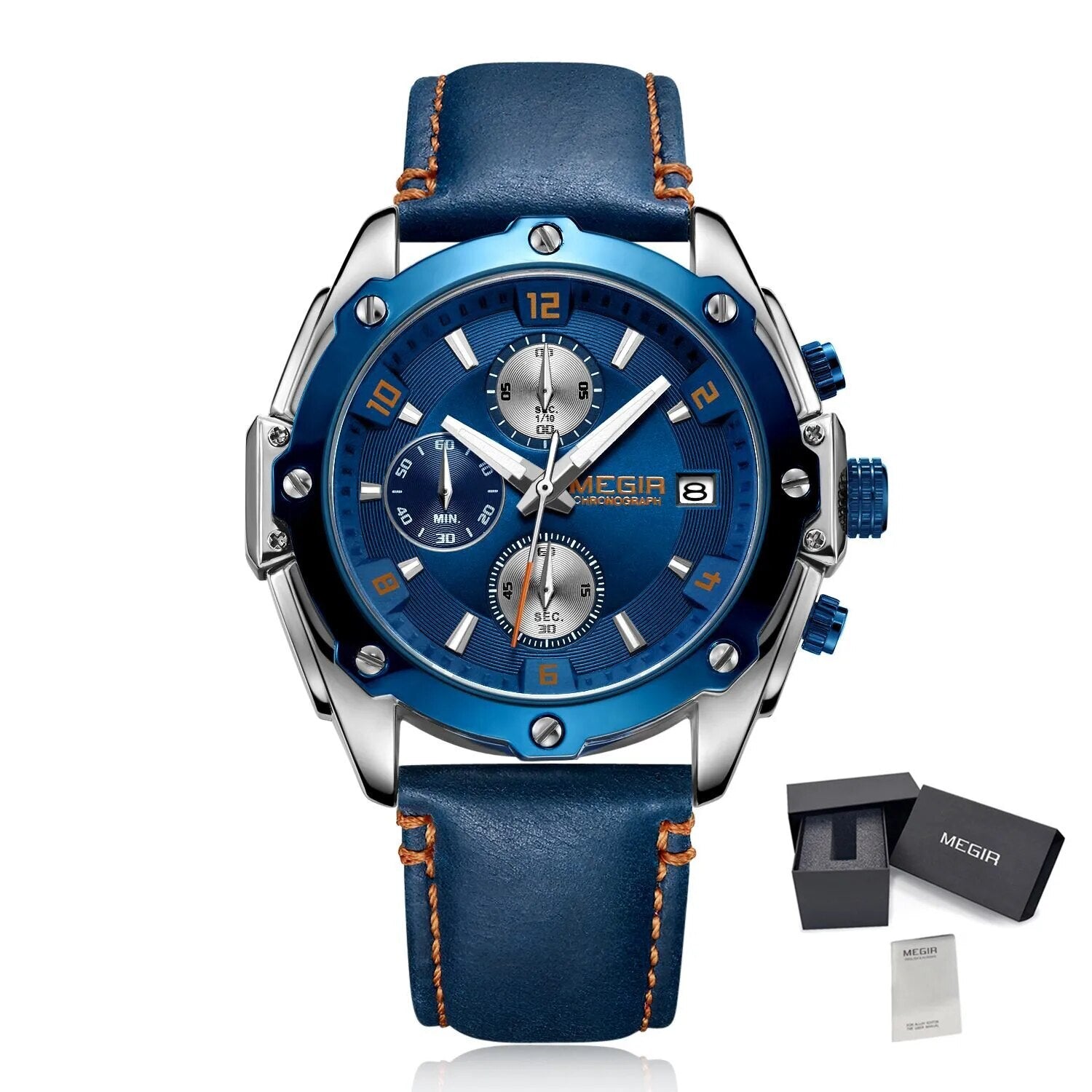 MEGIR Chronograph Men Business Watch Leather Strap Quartz Military Watch Clock Waterproof Date Clock Wristwatch Relogio Masculino 2074
