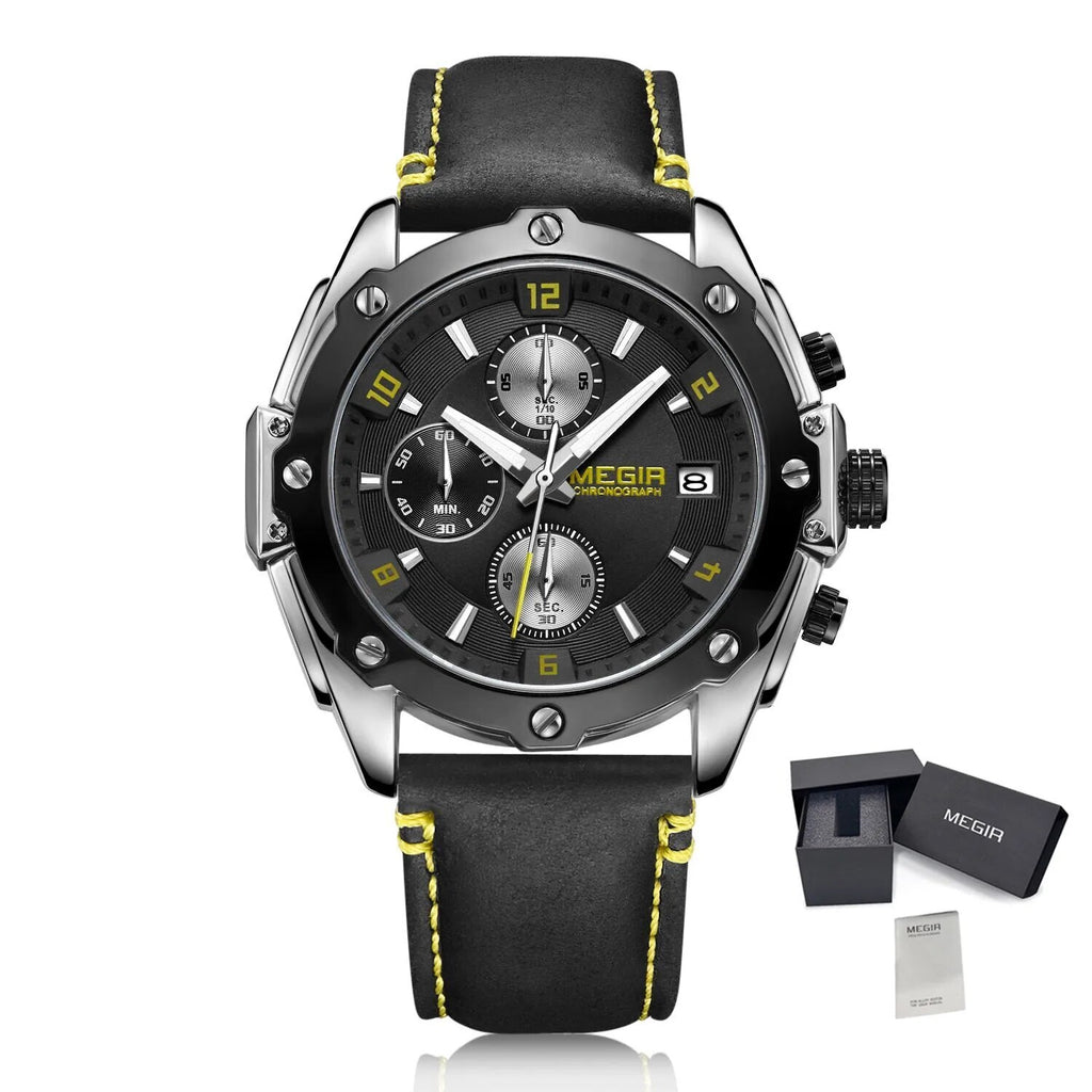 MEGIR Chronograph Men Business Watch Leather Strap Quartz Military Watch Clock Waterproof Date Clock Wristwatch Relogio Masculino 2074