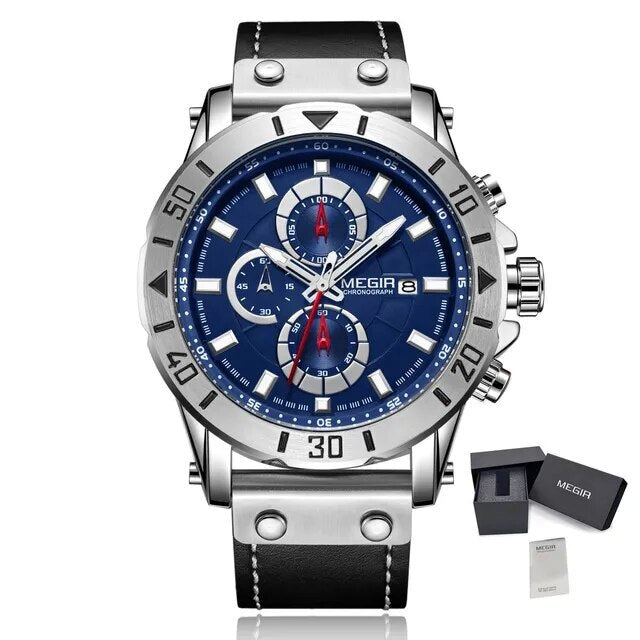 MEGIR Watch Men's Military Sport Wrist Watches Waterproof Leather Quartz Chronograph Calendar Luminous Clock Watch for Man 2081