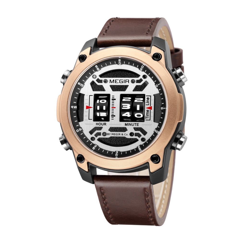 MEGIR Men's Watch Roller Business Casual Wristwatch Leather Fashion Sports Quartz Watch Chronograph Waterproof Male Clock 2142