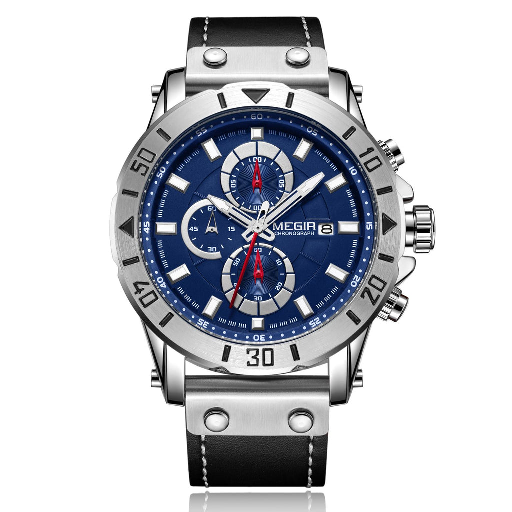 MEGIR Watch Men's Military Sport Wrist Watches Waterproof Leather Quartz Chronograph Calendar Luminous Clock Watch for Man 2081