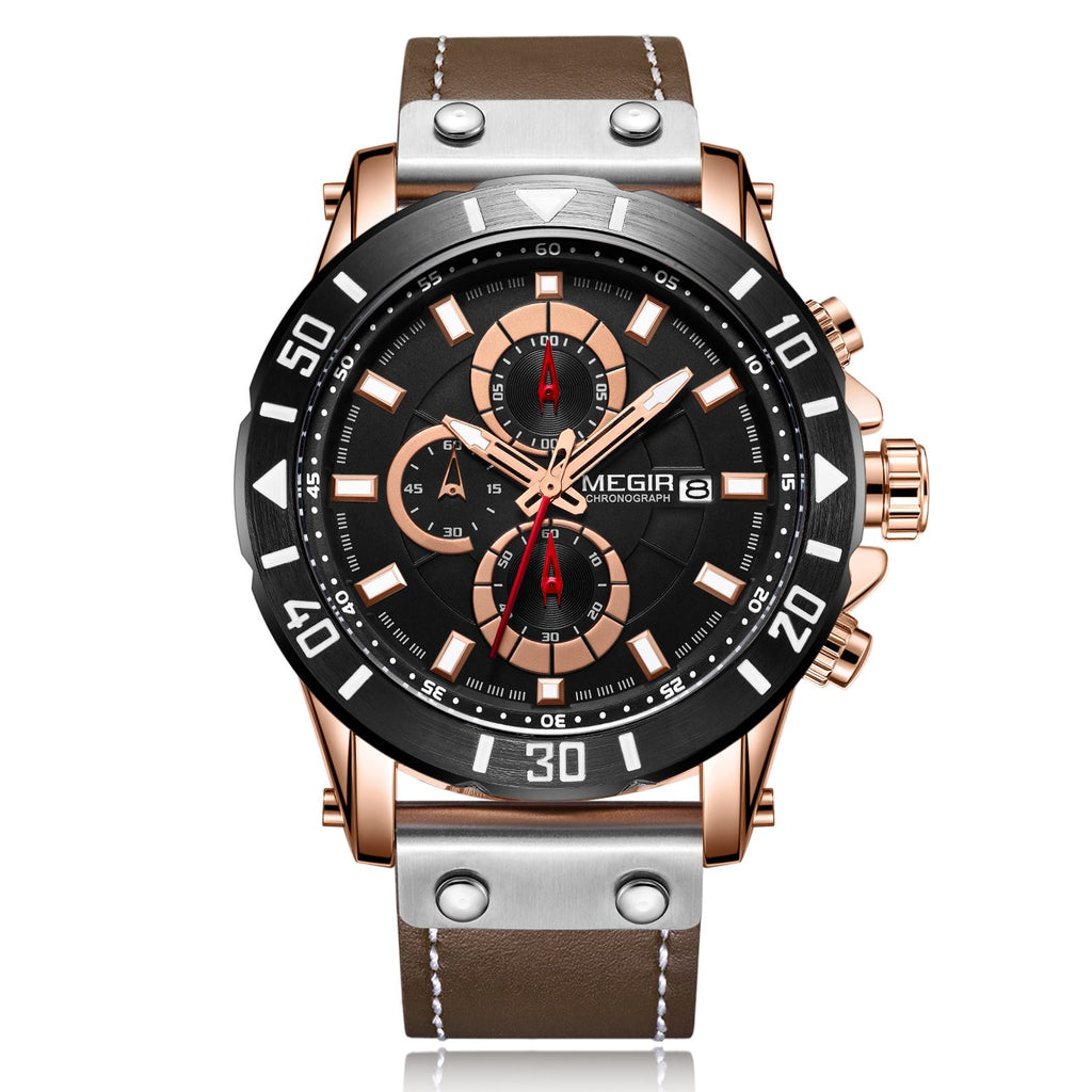 MEGIR Watch Men's Military Sport Wrist Watches Waterproof Leather Quartz Chronograph Calendar Luminous Clock Watch for Man 2081