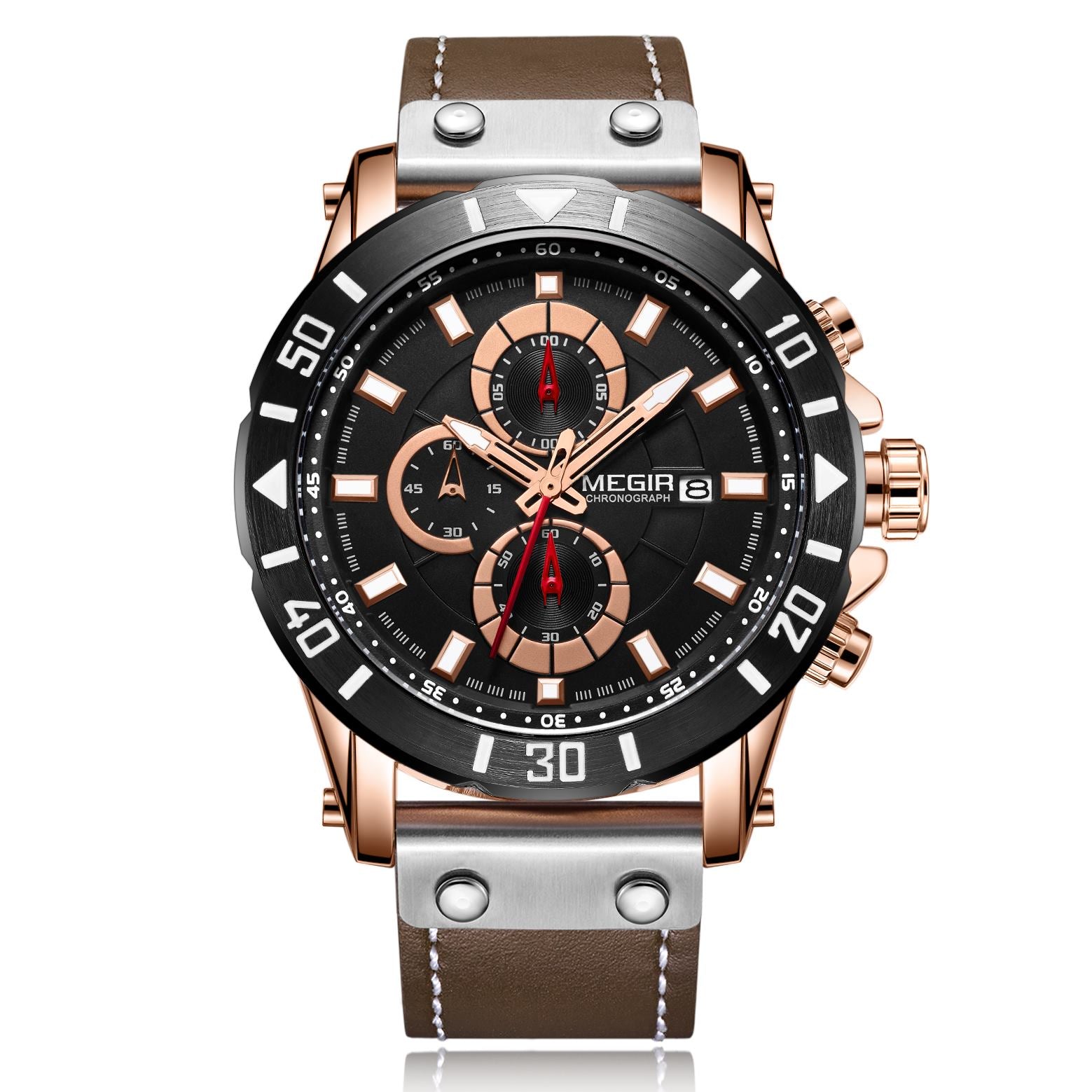 MEGIR Watch Men's Military Sport Wrist Watches Waterproof Leather Quartz Chronograph Calendar Luminous Clock Watch for Man 2081