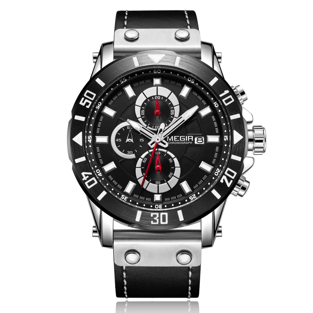 MEGIR Watch Men's Military Sport Wrist Watches Waterproof Leather Quartz Chronograph Calendar Luminous Clock Watch for Man 2081