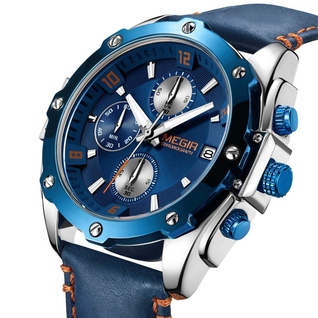 MEGIR Chronograph Men Business Watch Leather Strap Quartz Military Watch Clock Waterproof Date Clock Wristwatch Relogio Masculino 2074