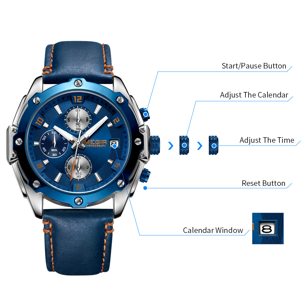 MEGIR Chronograph Men Business Watch Leather Strap Quartz Military Watch Clock Waterproof Date Clock Wristwatch Relogio Masculino 2074