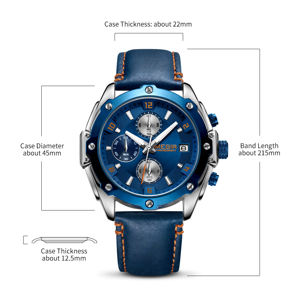 MEGIR Chronograph Men Business Watch Leather Strap Quartz Military Watch Clock Waterproof Date Clock Wristwatch Relogio Masculino 2074