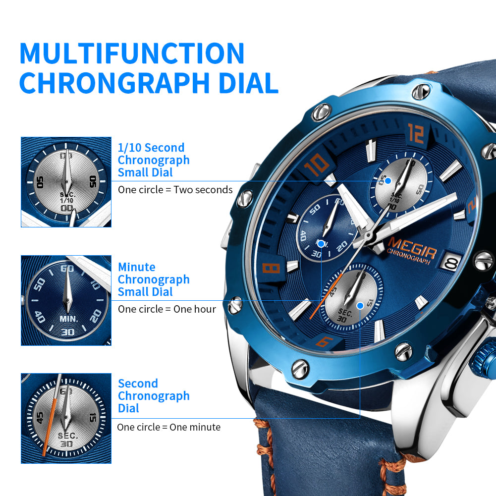 MEGIR Chronograph Men Business Watch Leather Strap Quartz Military Watch Clock Waterproof Date Clock Wristwatch Relogio Masculino 2074