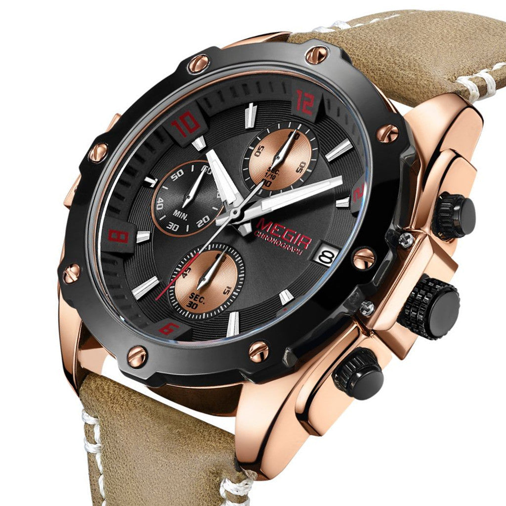 MEGIR Chronograph Men Business Watch Leather Strap Quartz Military Watch Clock Waterproof Date Clock Wristwatch Relogio Masculino 2074