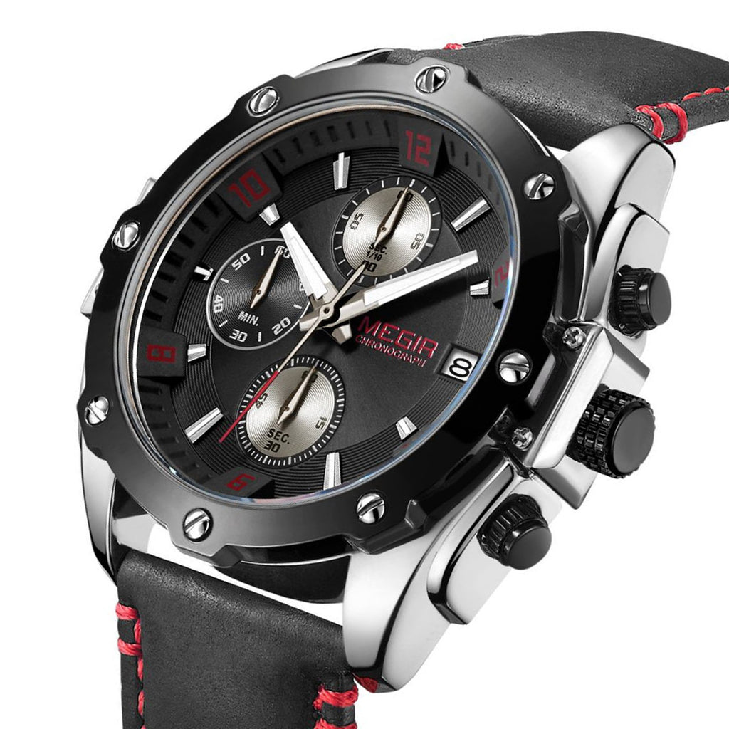 MEGIR Chronograph Men Business Watch Leather Strap Quartz Military Watch Clock Waterproof Date Clock Wristwatch Relogio Masculino 2074