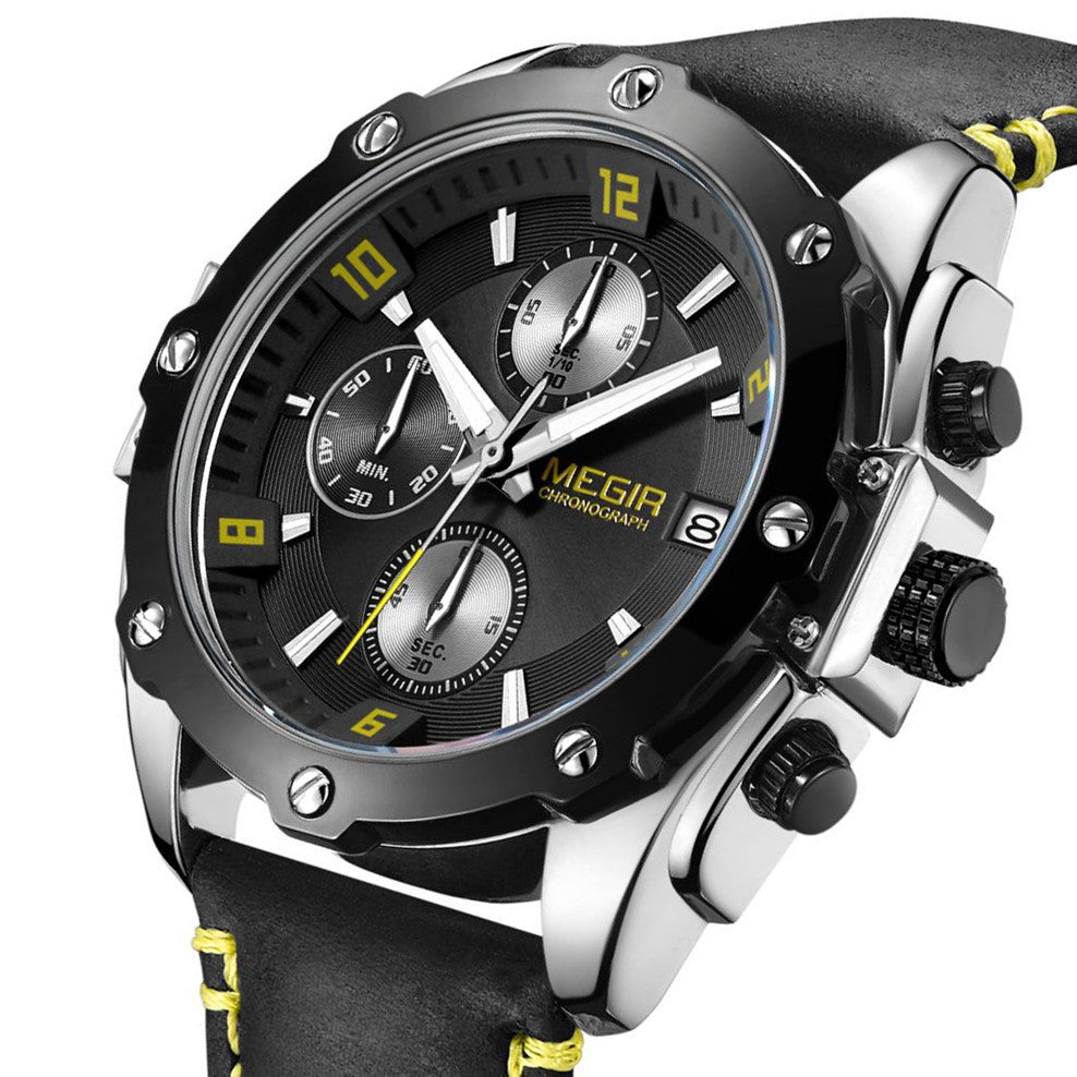 MEGIR Chronograph Men Business Watch Leather Strap Quartz Military Watch Clock Waterproof Date Clock Wristwatch Relogio Masculino 2074