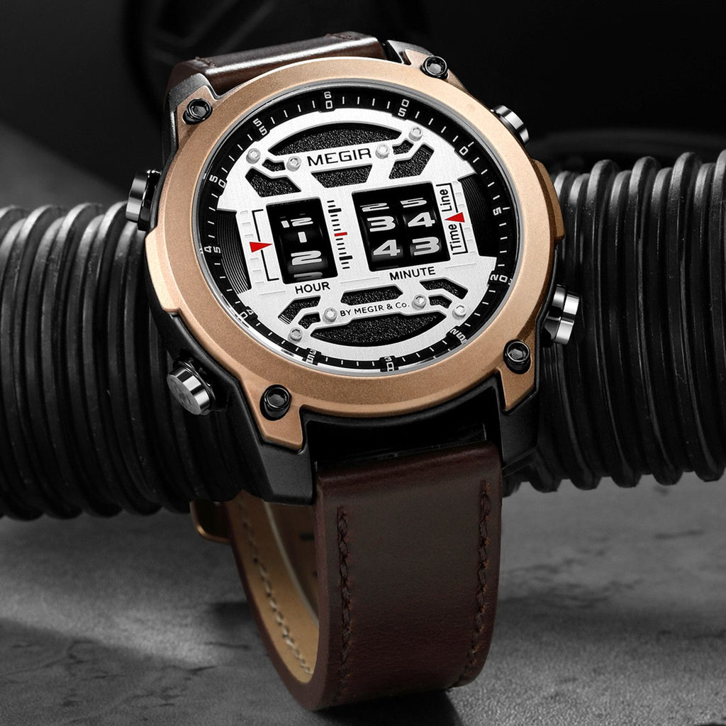MEGIR Men's Watch Roller Business Casual Wristwatch Leather Fashion Sports Quartz Watch Chronograph Waterproof Male Clock 2142